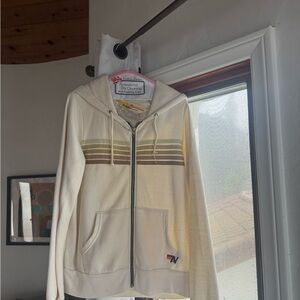 Aviator Nation Cream Hoodie with Green Stripes